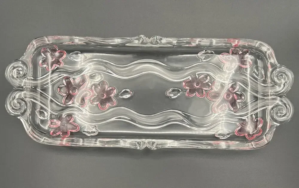 Vintage Mikasa Pink Flowers Blossom Crystal Plate Serving Tray Canopy Cottage